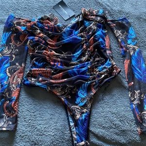 Tiger printed mesh bardot bodysuit